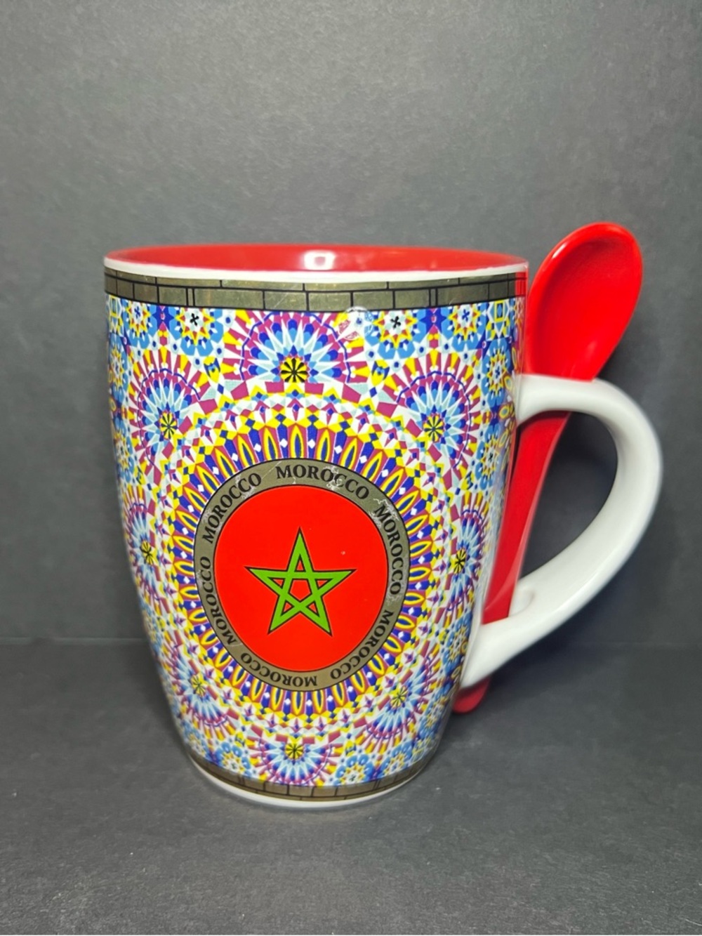 Multicolor Ceramic Morocco Star Flag Geometric Pattern Mug Cup w/ Spoon 12oz